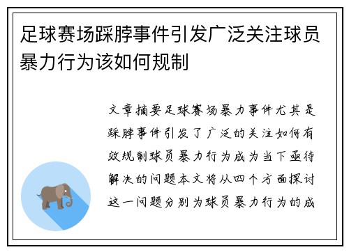 足球赛场踩脖事件引发广泛关注球员暴力行为该如何规制